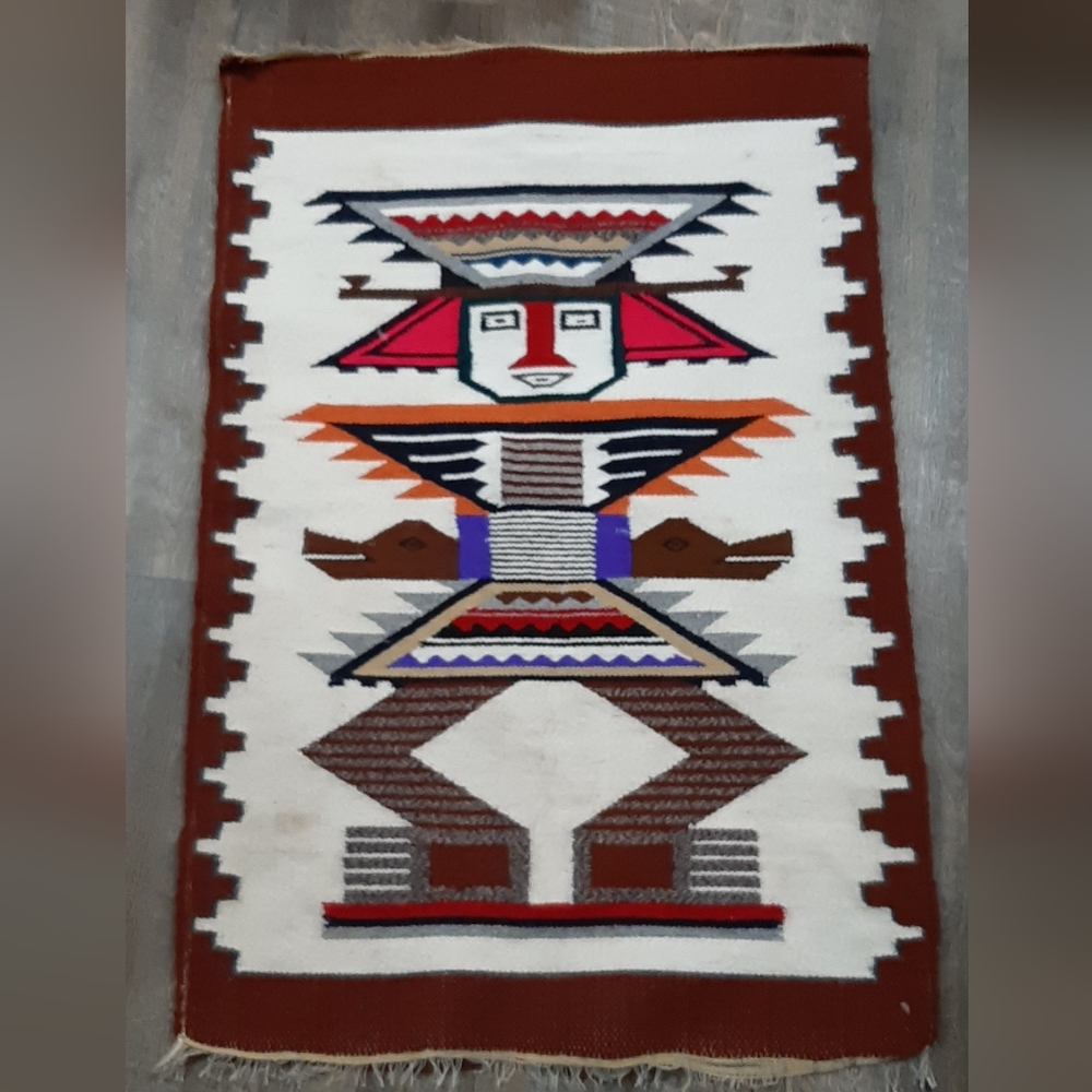 Vintage Hand Woven Wall Hanging Central American Aztec Design Rug 25.5" x 39"
